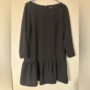 J. Crew Shift Dress Black Drop Waist Ruffle Hem Boat Neck 3/4 Sleeve Size 12